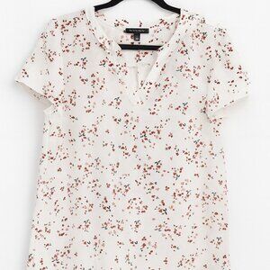 Hilary Radley Cream Floral Blouse XL Short Sleeve Split Neck Top